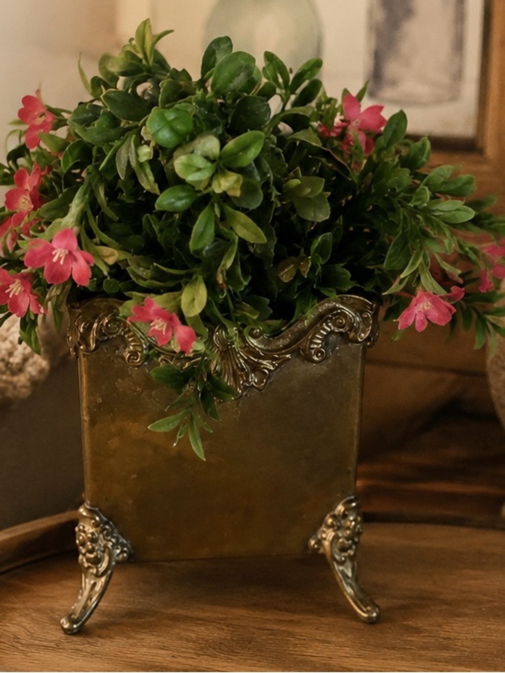 Ornate Brass-Tone Planter with Pink Faux Flowers